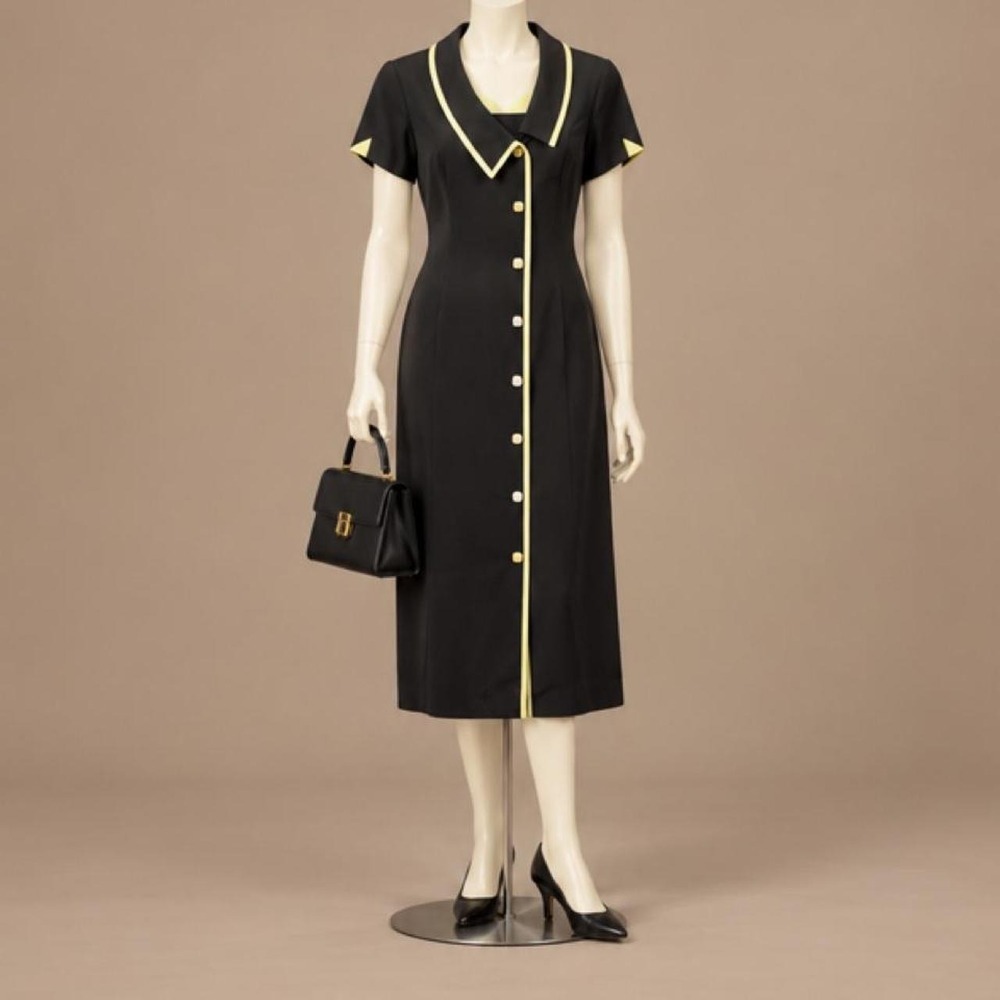 Vintage Dressbarn Black & Chartreuse Button Front Midi Dress Size 8